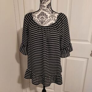 ELLE Womens Blouse Black White Stripe Short Sleeve Off Shoulder Ruched Ruffle